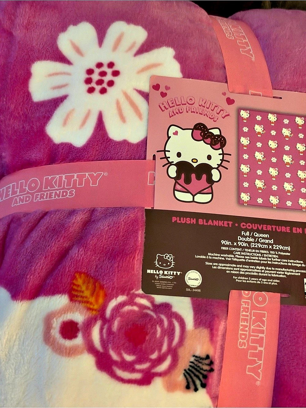 Hello Kitty Plush Blanket Full/Queen Pink Floral NWT